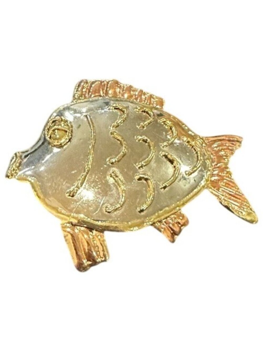 Fish Pendant Brooch Pin Embossed Copper Gold Tone Metal Large Unique Vintage